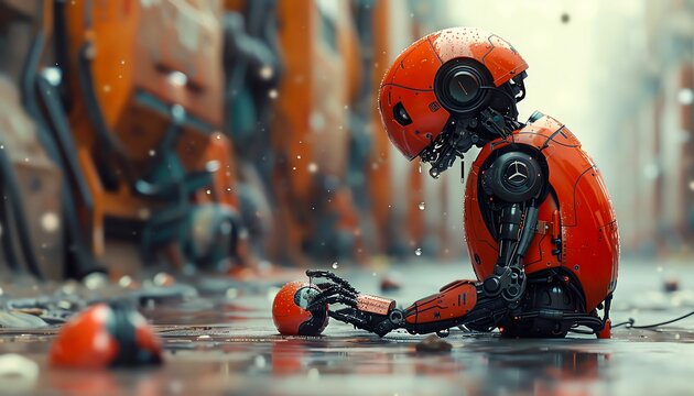 A lone robot sits on the edge of a city street, its head in its hands