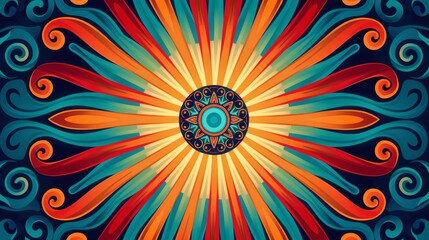 Abstract tribal sunburst and swirl pattern, bright hues, flat design, radial symmetry
