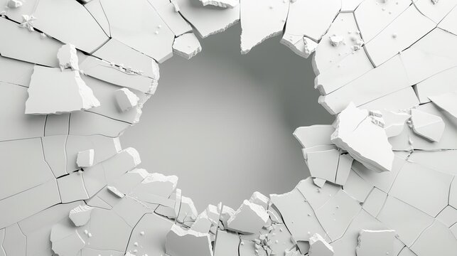 shattered white wall with gaping hole broken barrier concept 3d render