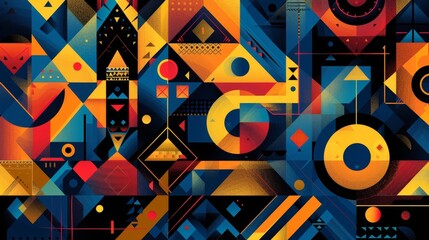 Abstract tribal lattice, vibrant tones, flat design, interconnected shapes