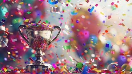 shiny silver trophy surrounded by confetti and streamers celebratory 3d illustration
