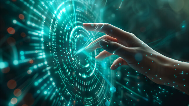 Hand touching a spinning data flow, data flow processing visualization background 