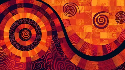 Abstract tribal grid and spiral pattern, warm tones, flat design, rhythmic forms
