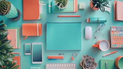 Coral and turquoise themed desk setup with essential office tools for a creative professional. - Powered by Adobe