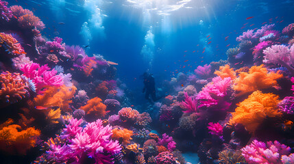 Obraz premium A vibrant nature coral reef landscape with a diver exploring the colorful underwater world