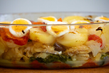 Traditional Portuguese bacalhoada with classic ingredients. When cod Oven