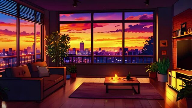 A cozy living room with large windows vibrant cityscape at sunset, stream starting soon overlay loop, virtual background vtuber asset twitch zoom OBS, manga anime chill hip hop Lofi 4k Animation video