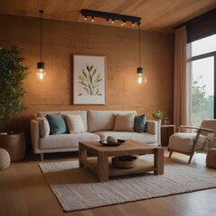 Interior designer showing a modern living room with wooden furniture and cork wall