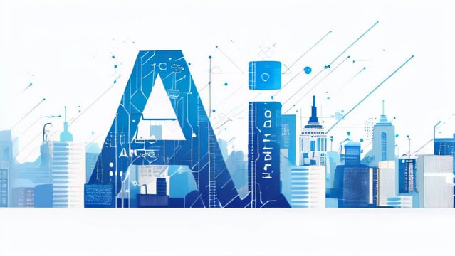animated flat illustration ai text overlay with cityscape and digital circuit elements on white background, technology, artificial intelligence and innovation themed science video background
