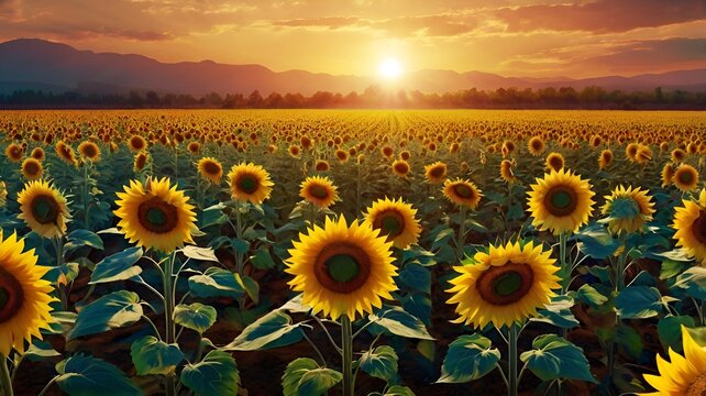 Granater AI Sunflowers in a field, bathed in the warm glow of a sunset. Nature's beauty captured in a serene moment.