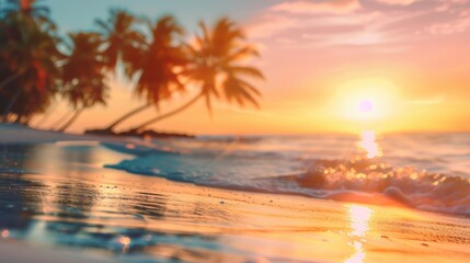 Summer blurred natural panoramic background of tropical beach with palm trees and golden sand at sunset