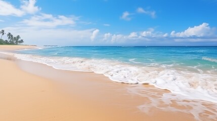 Fototapeta premium Beautiful wide panorama of a paradise beach with golden sand and palm leaves in blur. Summer banner