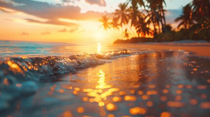Summer blurred natural panoramic background of tropical beach with palm trees and golden sand at sunset