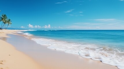 Beautiful wide panorama of a paradise beach with golden sand and palm leaves in blur. Summer banner