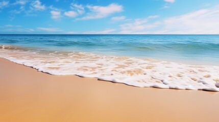 Fototapeta premium Beautiful wide panorama of a paradise beach with golden sand and palm leaves in blur. Summer banner