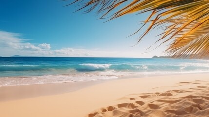 Beautiful wide panorama of a paradise beach with golden sand and palm leaves in blur. Summer banner