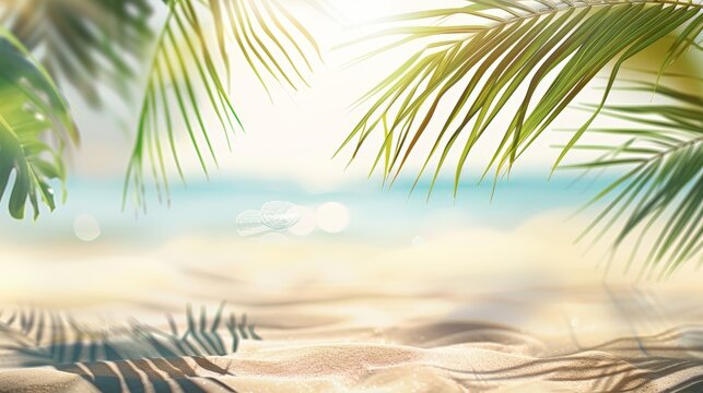 Beautiful wide panorama of a paradise beach with golden sand and palm leaves in blur. Summer banner