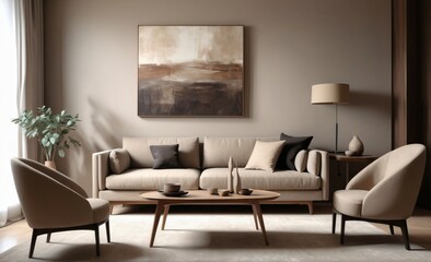 Minimalist living room interior with a cozy vibe featuring a beige sofa, chic armchairs, abstract wall art, and a soothing neutral color scheme