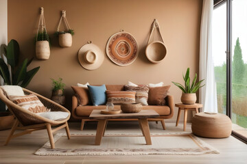 Cozy bohemian-style living room with earthy tones, plush seating, abundant natural light, and lush greenery creating a serene ambiance