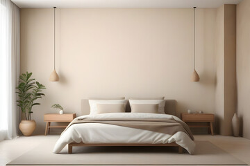 Soothing minimalist bedroom design with neutral tones, sleek lines, pendant lights, and a hint of greenery for a serene atmosphere
