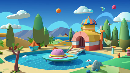 Colorful Cartoon Fantasy Landscape with Imaginary Architecture and Scenic Nature