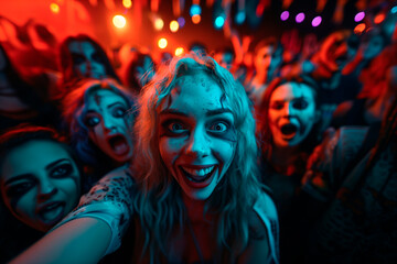 Obraz premium A group of people are at a party with a girl in the center of the group