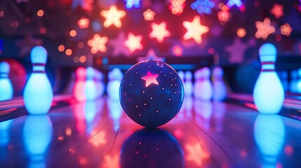 Closeup of a starry bowling ball striking luminous pins