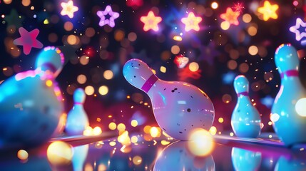 Closeup of a starry bowling ball striking luminous pins