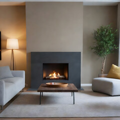Elegant living room interior features a glowing fireplace, cozy furnishings, and inviting lighting in a modern home environment