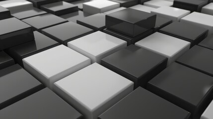 Fototapeta premium Collection of cubes arranged in a seemingly infinite pattern. The cubes are in varying shades of black, white, and gray, creating a monochromatic visual effect