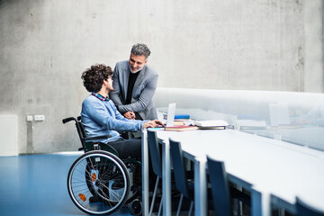 Handsome university professor helping student in wheelchair, showing him book for his thesis in...