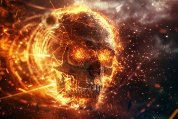 A fiery, burning skull with flames and smoke in a dark space background