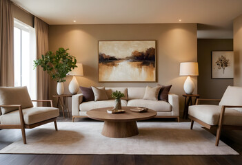 Sophisticated modern living room with elegant furniture, abstract art, and warm neutral tones for a stylish and inviting ambiance