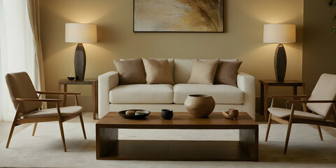 Stylish and contemporary living room setup with a beige sofa, wooden furniture, elegant décor, and calming neutral tones