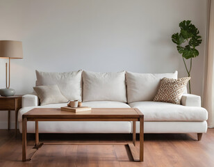 Fototapeta premium Cozy modern living room featuring a white sofa, wooden coffee table, and a lush green plant for a homey atmosphere