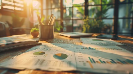 Office workspace with a detailed analysis on charts, a clipboard, and a laptop ready for the day's work.