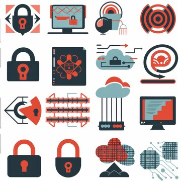 Icons and graphic elements related to cybersecurity and data protection, including locks, encryption, firewalls and secure networks. Job ID: fdc82b76-0207-4808-871b-2ba2950d55a5