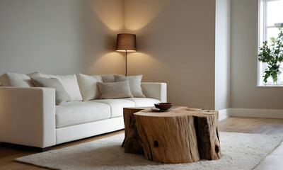 Contemporary living room with a white sofa, rustic wooden coffee table, soft lighting, and a calming minimalist design