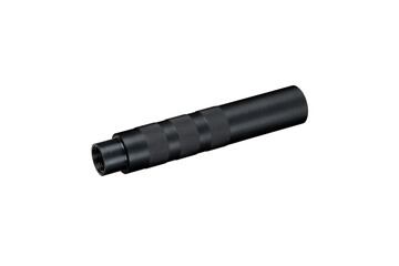 Black silencer for weapons. Suppressor that is at the end of an assault rifle. Isolate on a white...