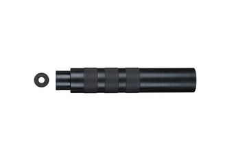 Black silencer for weapons. Suppressor that is at the end of an assault rifle. Isolate on a white...