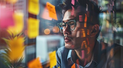 A concentrated office worker contemplates company strategy amidst a spectrum of notes.