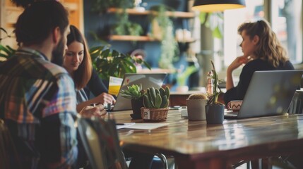 Entrepreneurs in deep discussion at a sunlit cafe table, working remotely with laptops and fresh coffee.