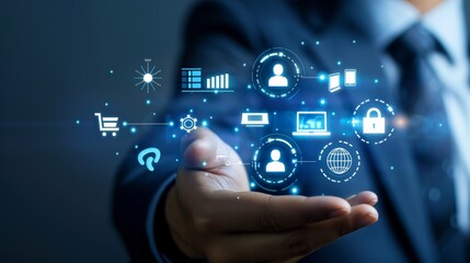 User's hand interacts with a holographic interface projecting technology icons.