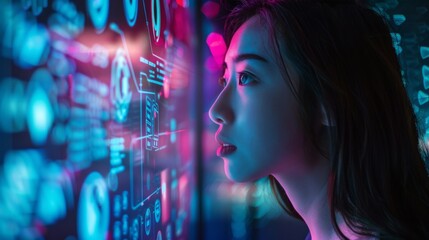 A woman of Asian descent stands before a digital frontier of software innovation and analytics.