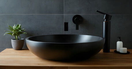 Chic bathroom with a modern black sink, wooden countertop, green plant, and soap dispenser set against a stylish gray tile backdrop