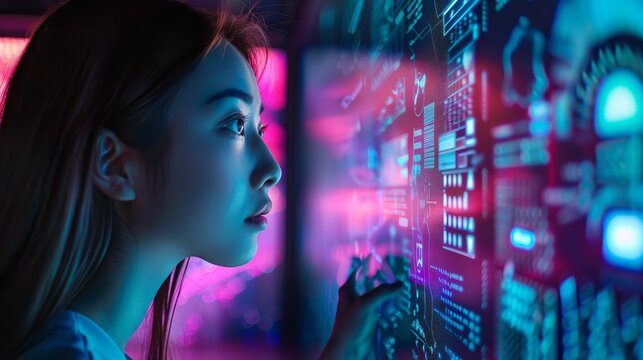 Asian professional in the tech industry, manipulating a dynamic data visualization network.