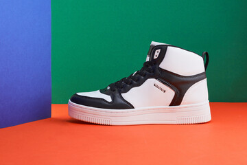 Men's fashion sport footwear. Product photo of sneaker on a colorful background. Interior poster....