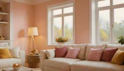 Fototapeta premium Comfortable living room interior with expansive windows showcasing autumn foliage and illuminated by gentle natural light