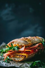 Gourmet Italian Sandwich with Salami, Arugula, and Mustard on Artisan Bread