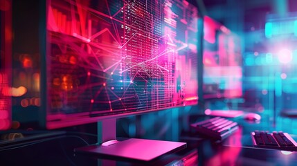 Multi-screen analytics dashboard displaying digital networks and computing statistics.